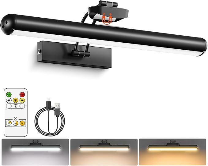 Picture Light for Wall with Remote, Wireless Battery Operated Wall Lights with 3 Colors Dimmable & Timer, 12.6" Rechargeable Metal Wall Sconce for Living Room, Artwork Gallery Display, Black 1Pack