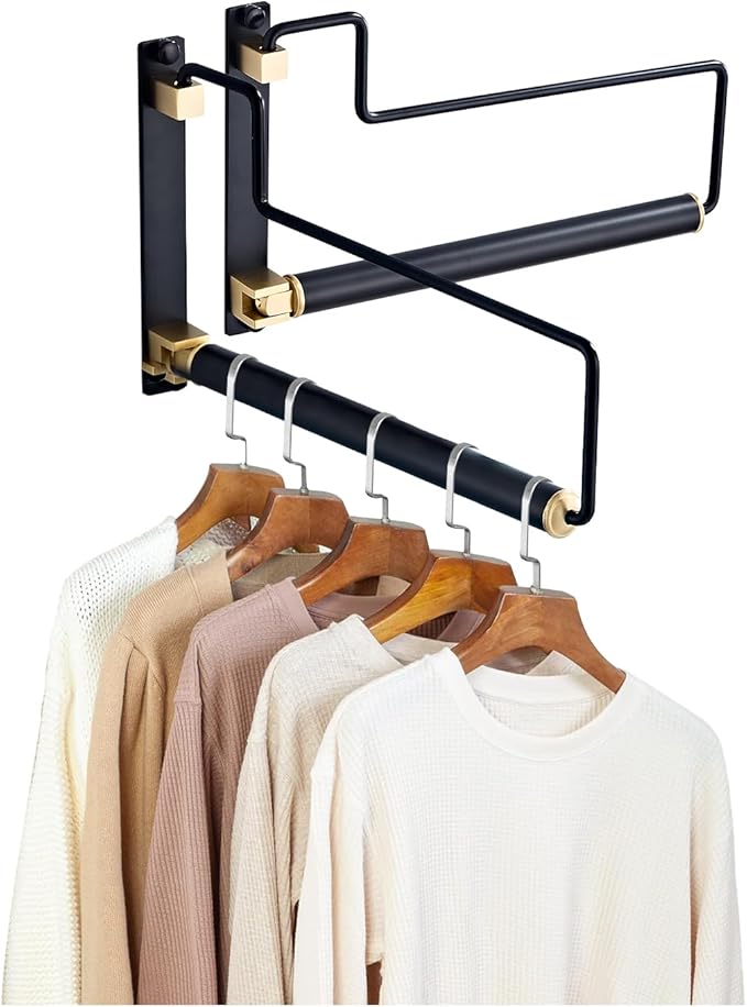 NEWRAIN Clothes Drying Rack, Laundry Racks for Drying Clothes, Wall Mounted Swing Arm Clothes Hanger for Laundry Room, Garage, Indoor & Outdoor Use,Black