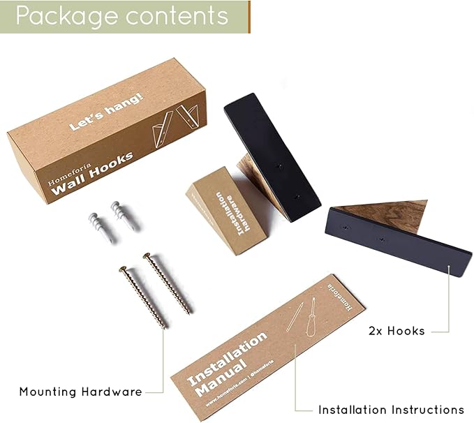 Homeforia Walnut Wood Coat Hooks, High End Walnut Wood & Black Metal Wall Mounted Coat Hooks, Mid-Century Modern Clothes Hooks, Heavy Duty Wooden Hooks for Hanging Coats, Hats, Towels & More, Set of 2