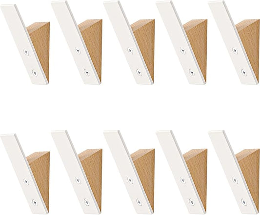 Homeforia Beech Wood Coat Hooks, High End Beech Wood & White Metal Wall Mounted Clothing Hooks, Mid-Century Modern Coat Hooks, Heavy Duty Wooden Hooks for Hanging Coats, Hats, Towels & More, Set of 10