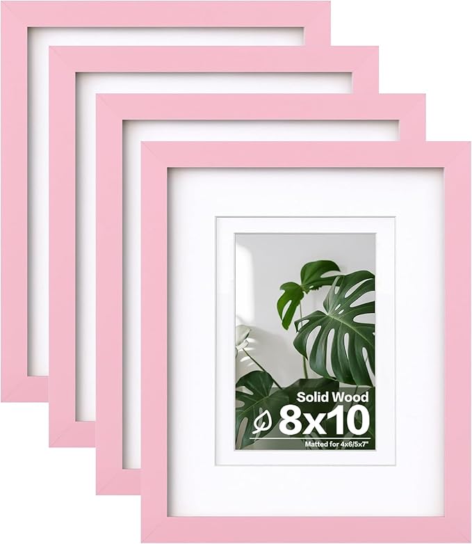 Egofine 8x10 Picture Frames with Plexiglass, Display Pictures 4x6/5x7 with Mat or 8x10 Without Mat Set of 4 for Tabletop and Wall Mounting, Pink