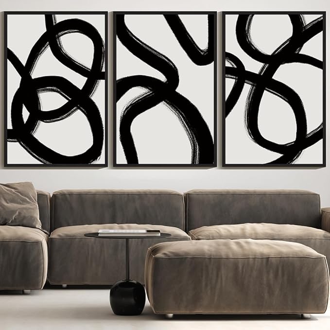 KUVIOKE Black and Wahite Abstract Framed Wall Art Ink Wash Minimalist Lines Painting Artwork for Bedroom Hallway 24x36in (Black Framed)