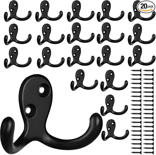 IBosins 20 Pack Heavy Duty Double Prong Coat Hooks Wall Mounted with 40 Screws Retro Double Hooks Utility Hooks for Coat, Scarf, Bag, Towel, Key, Cap, Cup, Hat