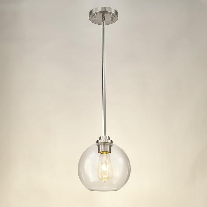 Globe Pendant Light Fixture, 8'' Modern Brushed Nickel Hanging Light with Clear Glass for Kitchen Island Dining Room Bedroom Hallway Foyer (1 Pack), PL101BN-L