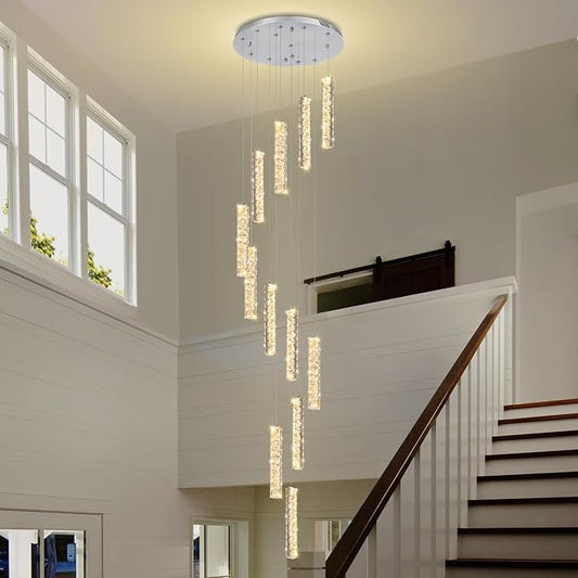 IDEQU Modern LED 120inch Long Spiral Staircase Crystal Chandelier High Ceiling Chandelier Lighting for Foyer Hallway 12-Light Silver Dimmable 2700K-6000K