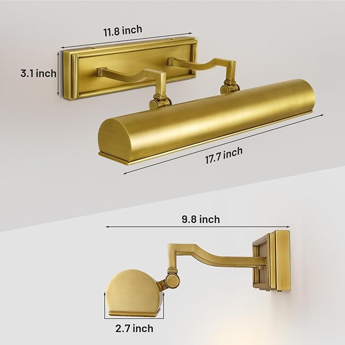 18in Brass Picture Lights Hardwired, 3-Light Gold Modern Picture Light for Wall, Rotatable Art Light Over Picture Frame for Living Room, Bookcase, Artwork, Poster (Includes Bulbs)