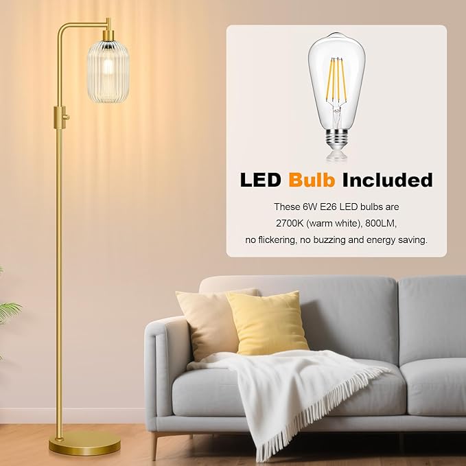 【Upgraded】 Dimmable Glass Floor Lamp for Living Room, Modern Gold Standing Lamp with Clear Ribbed Glass Lampshade & Knob Dimmer, Arc Tall Lamp for Bedroom Office Reading Room, 2700K Led Bulb Included