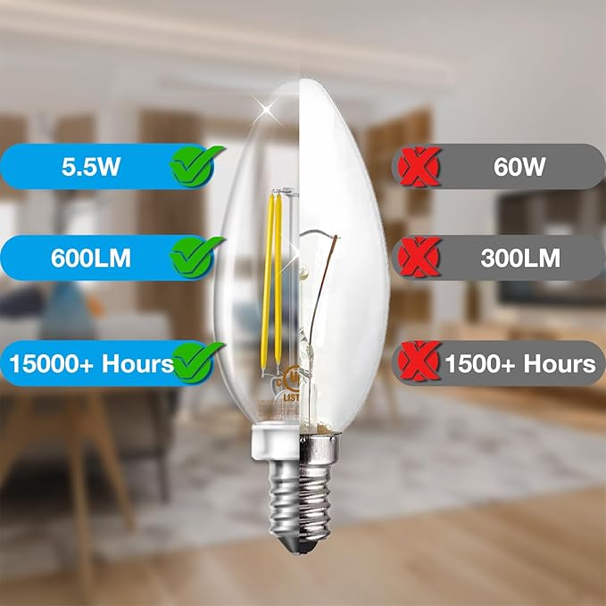 DAYBETTER Dimmable E12 Candelabra LED Light Bulbs, Chandelier Light Bulb 60 Watt Equivalent, 5.5W 600 LM 5000K Daylight White, B11 Vintage LED Filament Candle Light Bulbs, UL Listed, 12 Pack