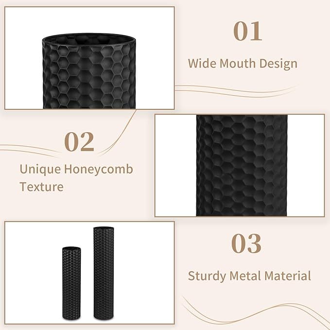 Sziqiqi Black Cylinder Tall Floor Vase: 27.6/21.7in Metal Extra Large Decorative Vase Set of 2 Living Room Modern Honeycomb Texture Big Standing Vase for Dining Bedroom Home Corner Indoor Office