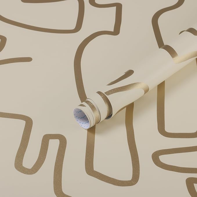 Ismoon Peel and Stick Wallpaper Modern Geometric Wallpaper 17.3inx197in Gold and Beige Contact Paper Self-Adhesive Removable Wallpaper for Bathroom Cabinets Walls Countertop Waterproof Thicken Vinyl