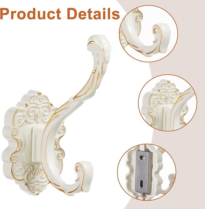Zonon Vintage Coat Hooks Antique Wall Hooks Towel Hook for Hanging Purse Hat Keys Clothes Curtain Unique Heavy Duty Bathroom Hook for Wall(4 Pcs,White)