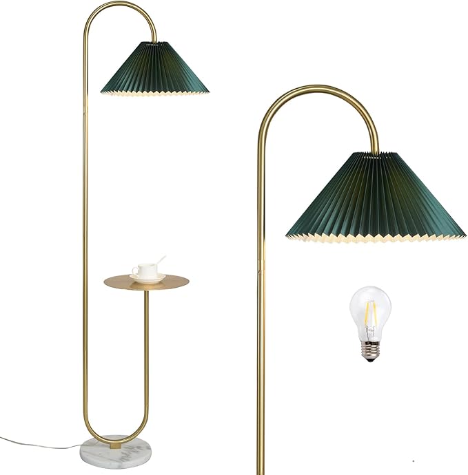 beaysyty Modern Elegant with Tray Floor Lamp for Office Cafe Den Living Room Bedroom, Foot Switch and Brass/Gold Finish,Dark Green Pleated Cloth Lampshade