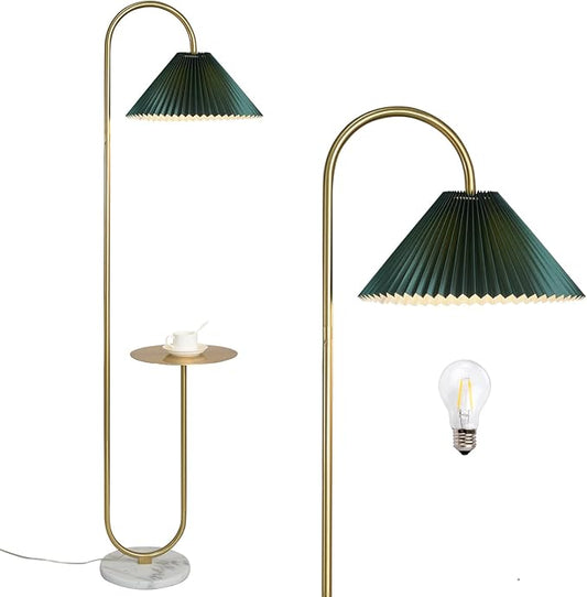 beaysyty Modern Elegant with Tray Floor Lamp for Office Cafe Den Living Room Bedroom, Foot Switch and Brass/Gold Finish,Dark Green Pleated Cloth Lampshade