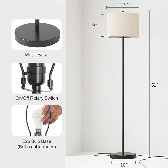 Oneach 61" Farmhouse Industrial Floor Lamp for Living Room Standing Floor Lamp Rustic Floor Lamps for Living Room Bedroom Tall Lamps with Rotary Switch for Bedroom with Natural Linen Lamp Shade