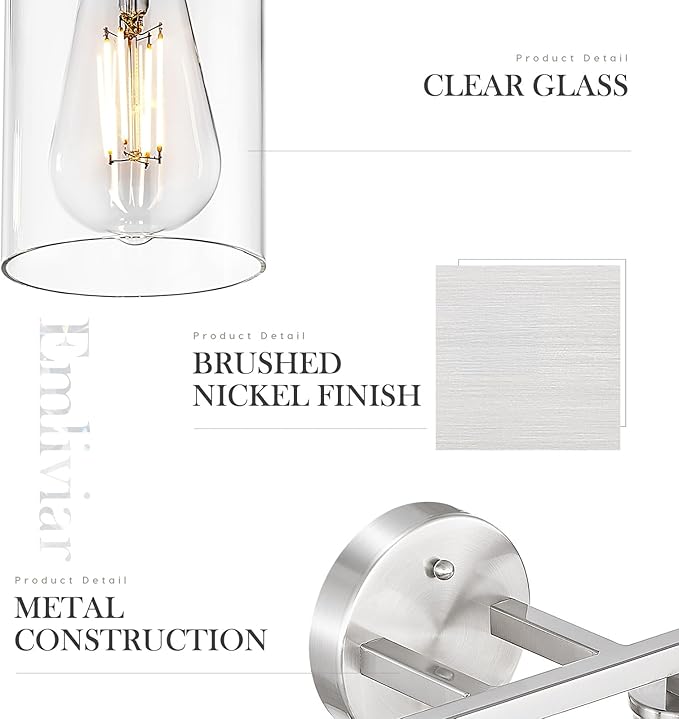 Emliviar 5-Light Brushed Nickel Vanity Light for Bathroom, Modern Vanity Sconce Over Mirror with Clear Glass Shade, YCE253B-5W BN