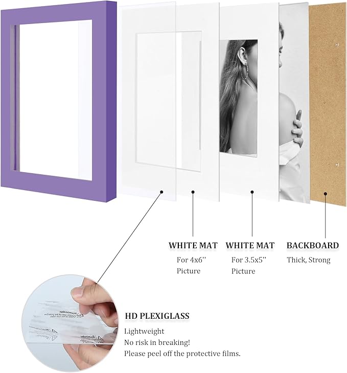 Egofine 4x6 Picture Frames 4PCS Covered by Plexiglass for Picture 3.5x5 with Mat or 4x6 whitout Mat Made of Solid Wood for Table Top Display and Wall Mounting Photo Frame, Purple