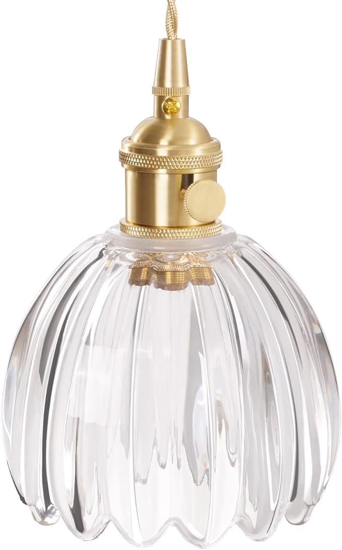 Mini Pendant Light with Clear Tulip Glass Lmapshade, Brass Vintage Pendant Light Adjustable Hanging Light for Kitchen Island Dining Room Hallway