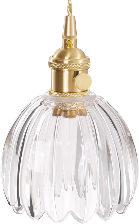 Mini Pendant Light with Clear Tulip Glass Lmapshade, Brass Vintage Pendant Light Adjustable Hanging Light for Kitchen Island Dining Room Hallway