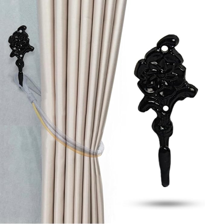 Multipurpose Hooks, Used to Hang Clothes, Bags, Coats, Curtain Hold Backs, Keys, Colour - Matt Black, Material - Brass, Flower Design, Screws and Wallplugs Included, Pack of 10 Pieces