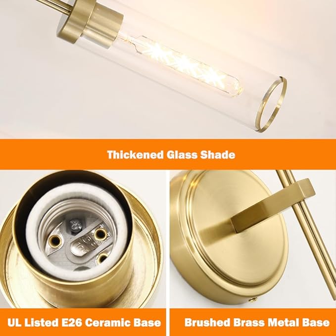 Wall Sconces Set of Two, Gold Bathroom Sconces, Modern Vanity Light Fixtures with Clear Glass, Sconces Wall Decor Set of 2, Brass Wall Mount Lights for Living Room Corridor Mirror Bedroom Stairs