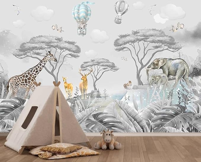 -Tropical Rainforest Plants Animals Tigers Fabric Wallpaper Jungle Plants Banana Leaves Boys Girls Kindergarten Children Bedroom Large Mural- 183"x120"（ not Peel and Stick）