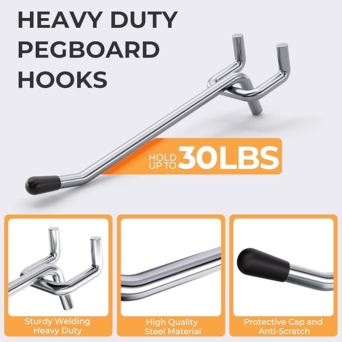 INCLY 50 Pack 4 Inch Pegboard Hooks, 1/4" Heavy Duty Peg Board Hooks Accessories with Rubber Tipped, Peg Board Tool Hangers Fit 1/4" Pegboard for Hanging Tools Garage, Craft Room, Kitchen, Store