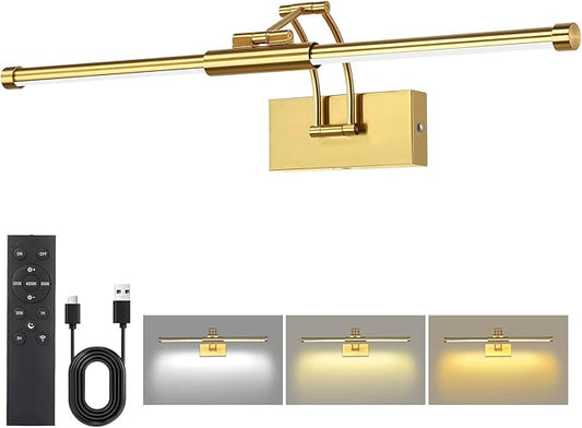 24“ Picture Lights for Wall Battery Operated, Wireless Picture Lights with Remote, Rechargeable Wall Light 3000K/4000K/6000K Dimmable, Art Lighting for Paintings Frame Gallery Dartboard Light, Brass