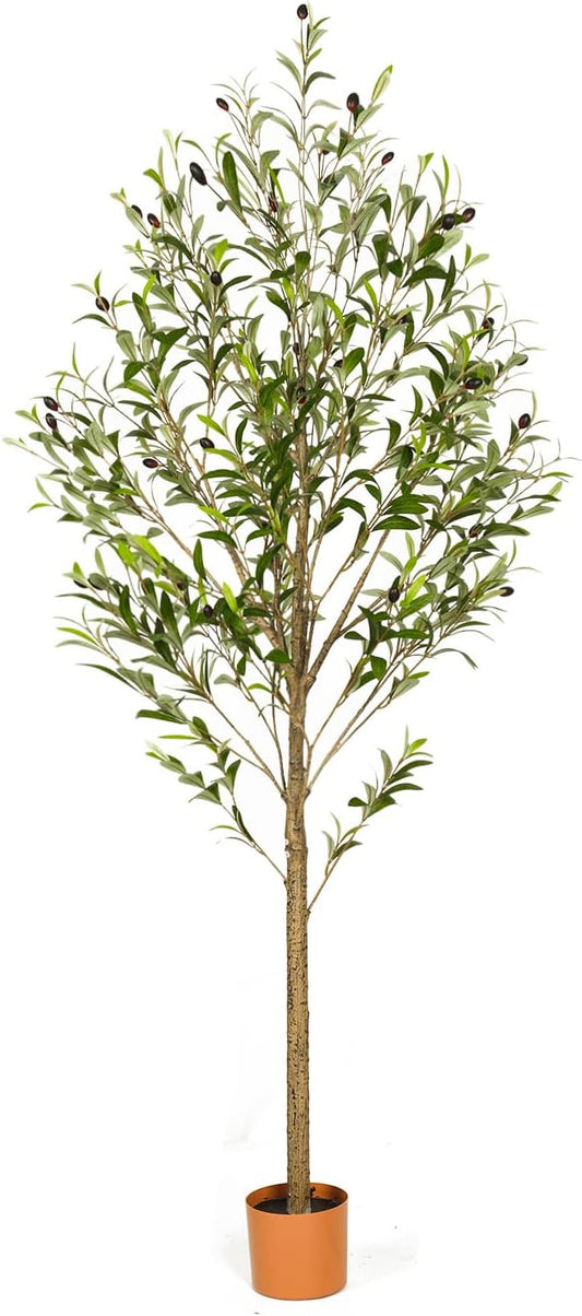 6FT Artificial Olive Tree Indoor Tall Realistic Faux Olive Tree with Plastic Planter, Fake Silk Tree with Handcrafted Branches & Fruits, Large Fake Plant for Home and Office Decor (6FT)