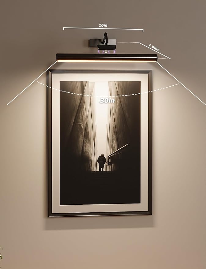 16in Wireless Picture Light with Remote, Battery Operated Picture Lights for Wall 5000mAh, 3 Color Modes and Dimmable LED Art Lighting with Timer for Painting, Frame, Gallery, Bedroom (Black-2Pack)