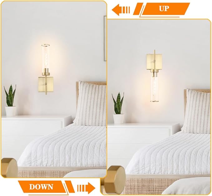 Gold Battery Operated Wall Sconce Set of 2, USB Rechargeable Wall Light with Remote Control, Brass Wireless Vanity Light Fixture with Bulbs(DC 5V), Glass Dimmable Sconce for Living Room Mirror Bedroom