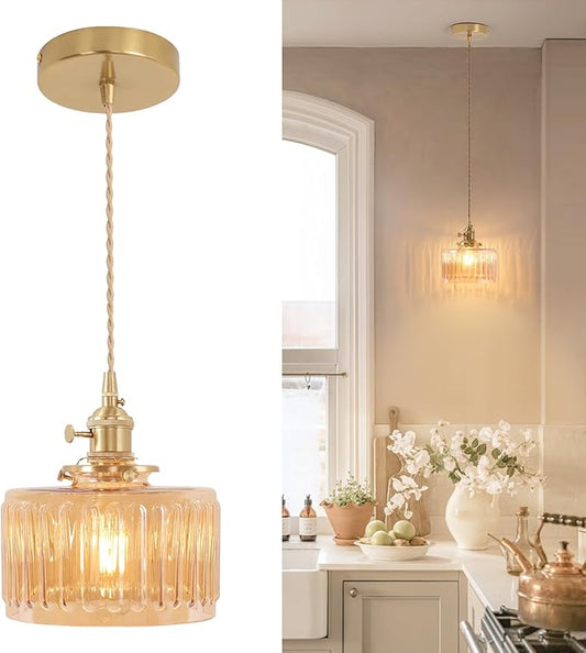 Pendant Light with Amber Striped Glass Lmapshade, Brass Vintage Pendant Light Adjustable Hanging Light for Kitchen Island Dining Room Hallway