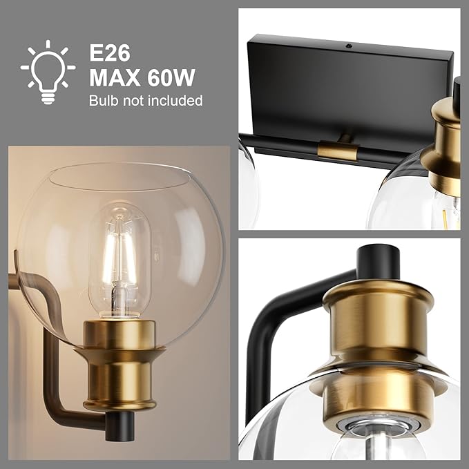 Tipace 2 Lights Vintage Bathroom Vanity Light Fixtures Over Mirror Black & Gold Industrial Vanity Lights with Globe Clear Glass Farmhouse Wall Sconces Fixture(Exclude Bulb)