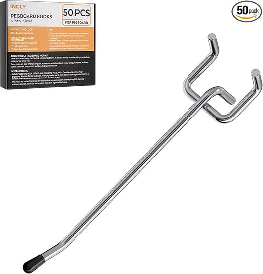 INCLY 50 Pack Pegboard Hooks, 4 Inch Metal Peg Board Hooks Accessories, Peg Board Tool Hangers Fit for 1/8“ and 1/4" Pegboard Hanging Tools for Garage, Craft Room, Kitchen, Store