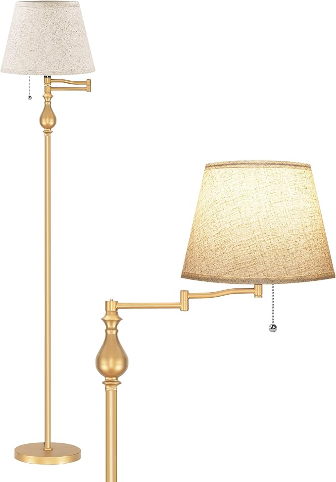 Vintage Floor Lamp with 350°Adjustable Swing Arm, 61” Mid-Century Modern Floor Lamp, Farmhouse Standing Pole Lamp, Antique Reading Lamp for Living Room, Bedroom, Office, Linen Shade, Gold DE13LD05