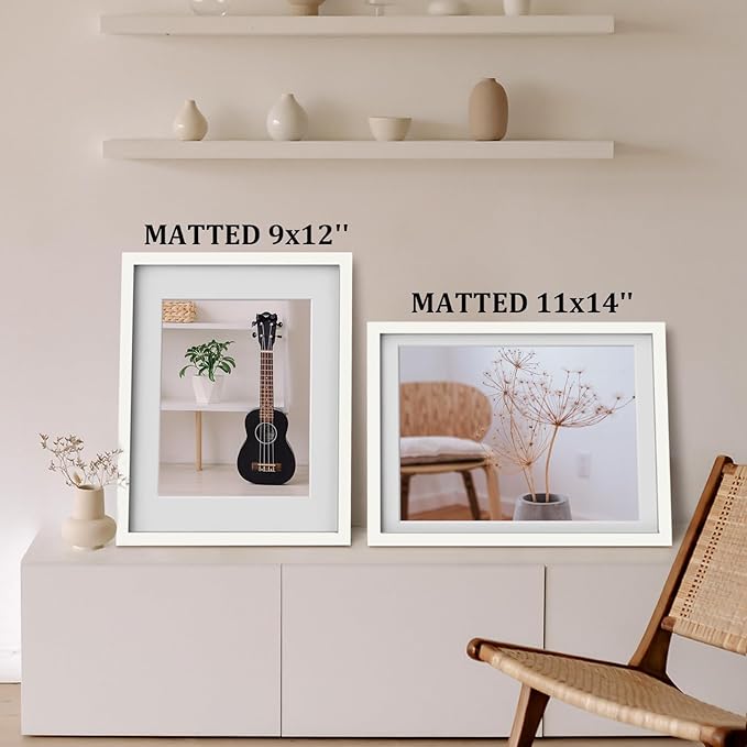 Egofine 12x16 Picture Frames 4PCS Covered by Plexiglass, Made of Solid Wood, Display Pictures 9x12/11x14 with Mat or 12x16 Without Mat for Wall Mounting, White with Texture