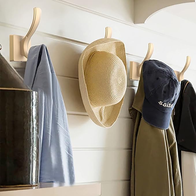 Gold Hooks for Wall Double Hooks, Heavy Duty Thick Bathroom Coat Hooks for Hanging Key Robe Hat Backpack, Wall Mount Hat Hooks Bath Towel Hooks(6 Pack, Gold)