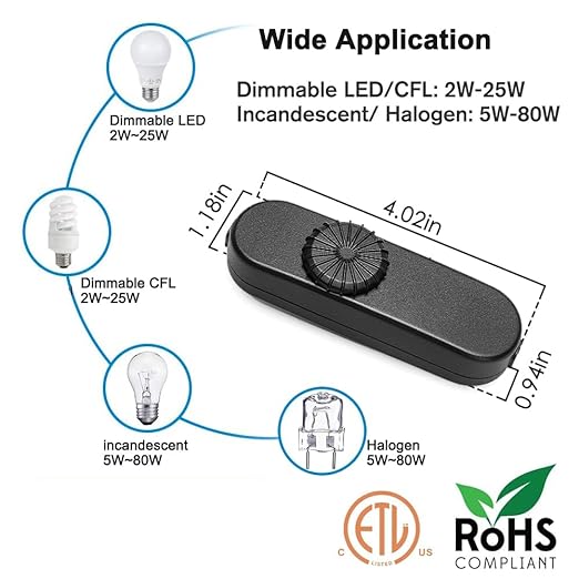 Inline Lamp Switch, Full Range Rotary Dimmer Switch, Black Cord Switch Replacement for Floor Lamp, Table Lamp, Pendant Light, Works with Incandescent, Halogen Bulbs, Dimmable LED