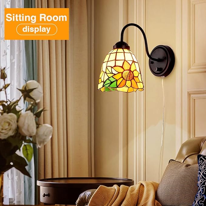Tiffany Bedside Wall Mount Lamp with Dimmable Switch, Industrial Vintage Gooseneck Wall Sconce with Plug in Cord, Flowers Stained Glass Shade Wall Light Perfect for Bedroom, Living Room and Hotel
