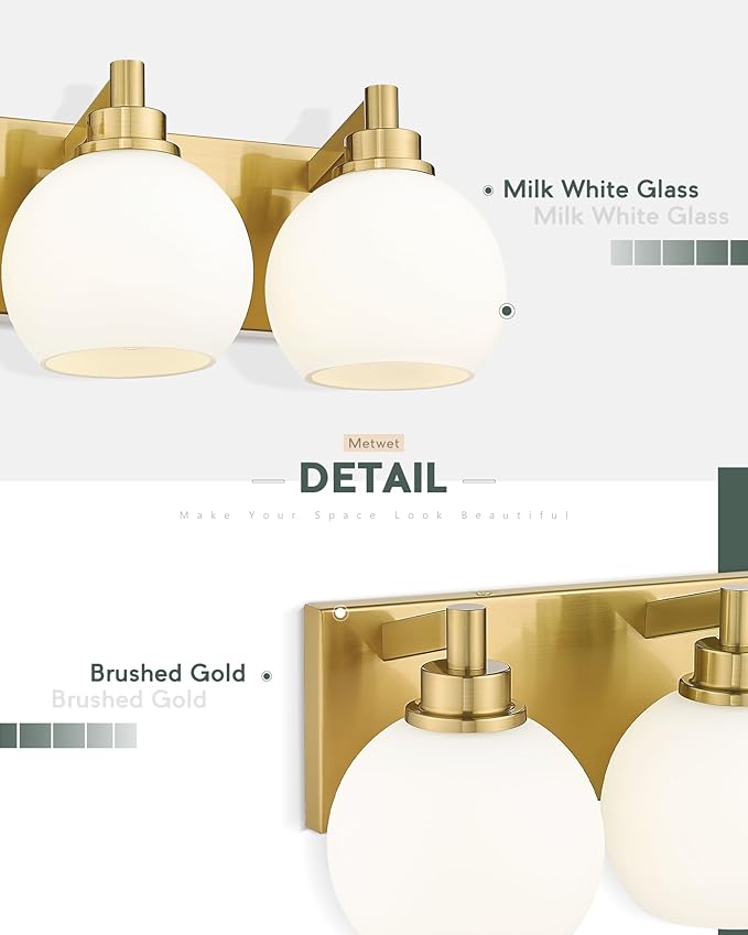 Bathroom Light Fixtures, 3-Light Brushed Gold Vanity Light, Modern Wall Sconces with Milk White Globe Glass Shade, Vanity Lighting Fixtures Over Mirror, VL195-BG-ML-3
