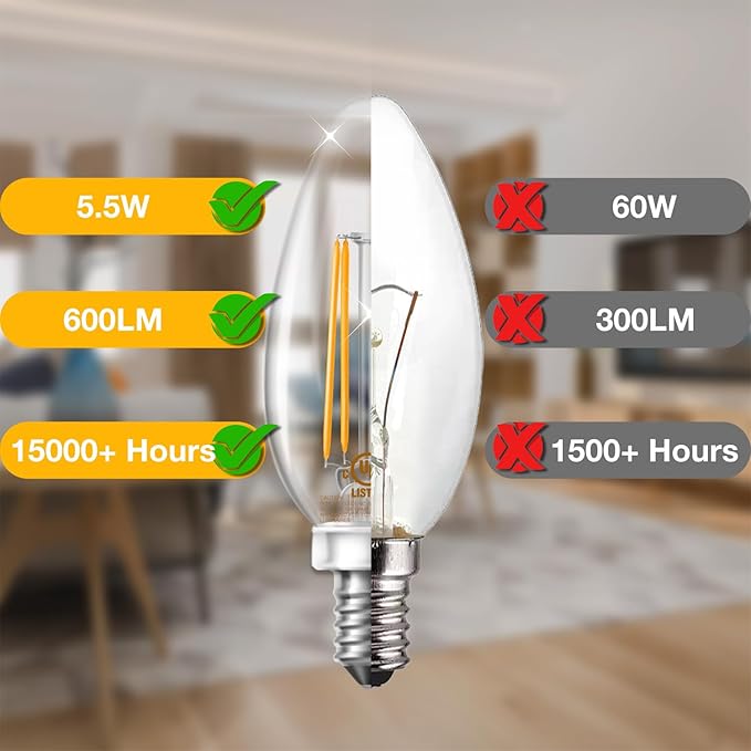 DAYBETTER Dimmable E12 Candelabra LED Light Bulbs, Chandelier Light Bulb 60 Watt Equivalent, 5.5W 600 LM 2700K Warm White, B11 Vintage LED Filament Candle Light Bulbs, No Flicker, UL Listed, 12 Pack