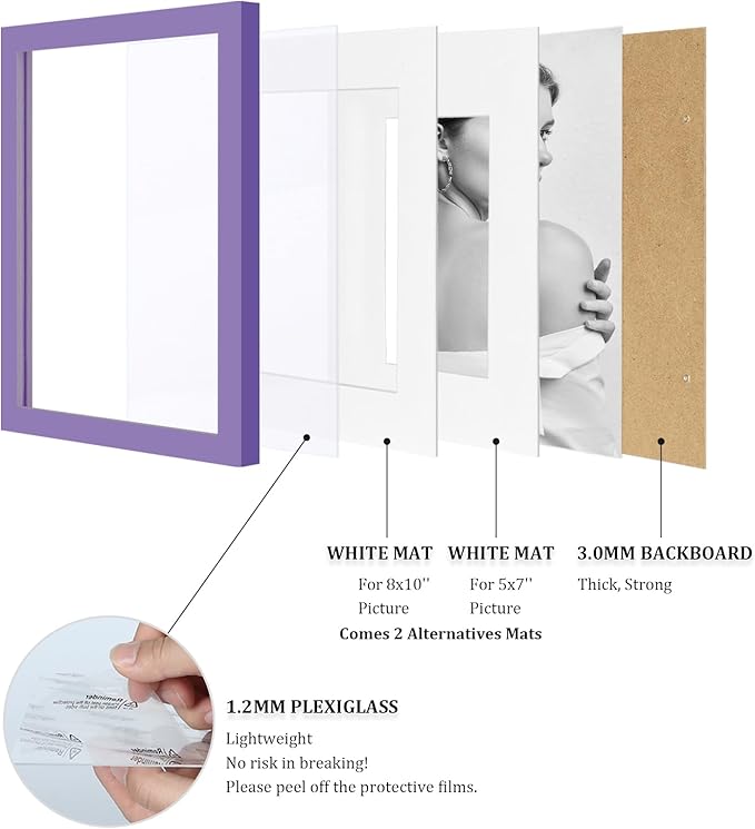 Egofine 11x14 Picture Frames 4PCS Covered by Plexiglass, Made of Solid Wood, Display Pictures 8x10/5x7 with Mat or 11x14 Without Mat for Table Top and Wall Mounting, Purple