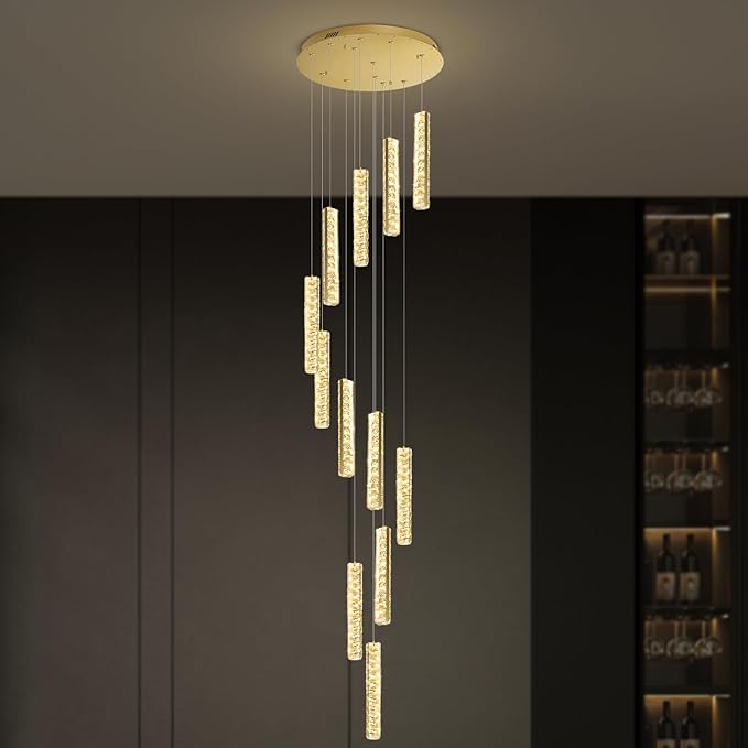 IDEQU Modern LED 120inch Long Spiral Staircase Crystal Chandelier High Ceiling Chandelier Lighting for Foyer Hallway 12-Light Gold Dimmable 2700K-6000K