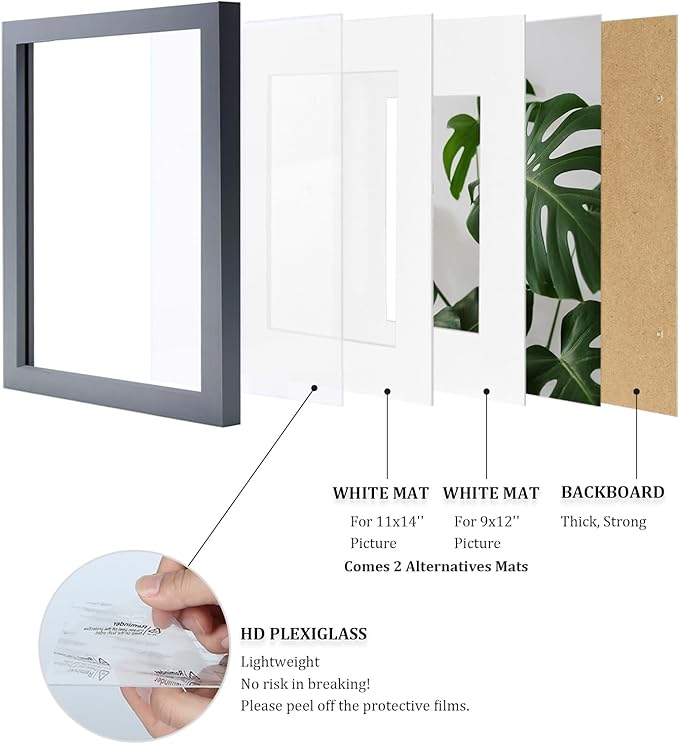 Egofine 12x16 Picture Frames with Plexiglass, Display Pictures 9x12/11x14 with Mat or 12x16 Without Mat Set of 4 for Wall Mounting,Dark Grey