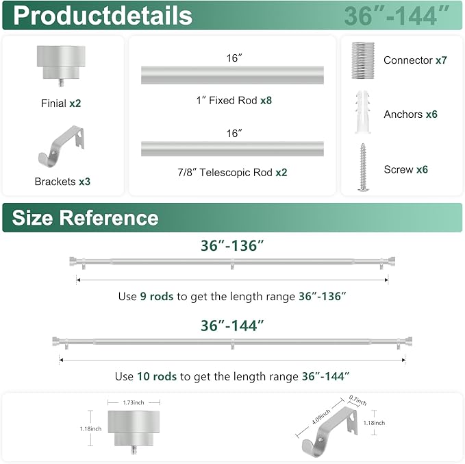 HEI! DEAR Silver Curtain Rods 72 to 144 Inch(6-12FT),1 Inch Long Curtain Rod,Adjustable Heavy Duty Curtain Rods,Modern Decorative Drapery Rods,Telescoping Window Single Curtains Rods 36-150",Silver