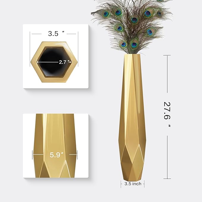 Tall Vases - 27.5" Tall Floor Vase for Home Decor, Resin Floor Vase with Handmade Dimensional Geometric Style, Fits Into Hay/Pampas Grass, Boho Living Room Decor (Gold)