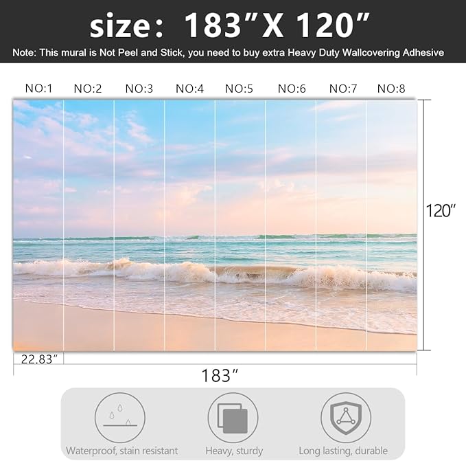 -Clear Waves Summer Beach Coastal Scenery Fabric Wallpaper Coastal Islands Living Room Bedroom Bathroom Boys Girls Kids Room Large Mural- 183"x120"（ not Peel and Stick）