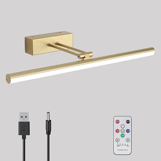 Picture Light, 20inches Dimmable LED Battery Operated Picture Light for Wall Art, Easy Installation, Gallery Lighting for Paintings & Artwork (Gold)
