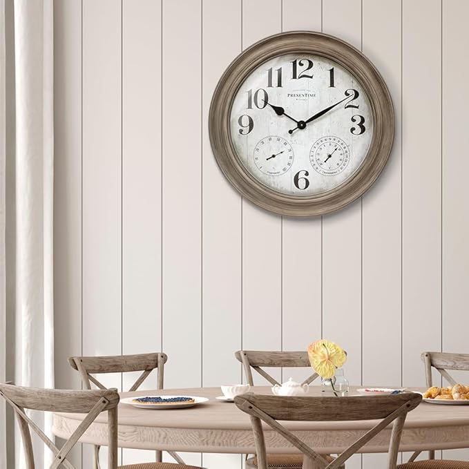 Presentime & Co. 26" Clifton in/Outdoor Farmhouse Clock with Thermometer & Hygrometer as All in One Weather Station, Farmhouse Wall Art and Timepiece for Home Decoration, Light Grey Oak Finish