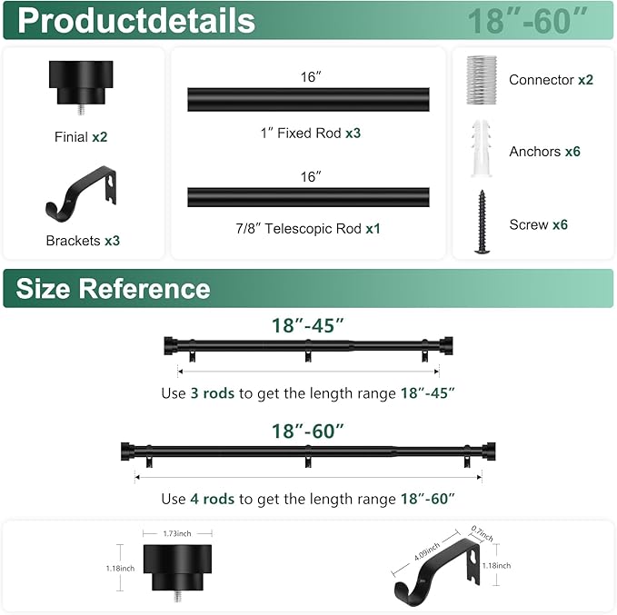 HEI! DEAR Black Curtain Rods 18 to 60 Inch(1.5-5ft),1 Inch Heavy Duty Curtain Rods,Adjustable Curtain Rod Set,Modern Decorative Drapery Rods,Telescoping Single Window Curtains Rods 18-60",Matte Black
