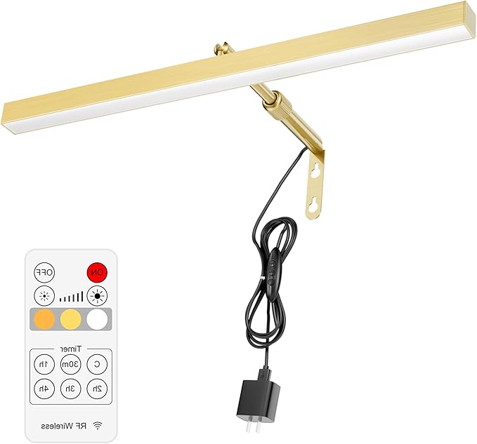 Glod LED Picture Lights for Paintings Plug in,15.75 Inch Adjustable Art Light for Display Art Work, 3 Color Lighting, Plug in Picture Light with Remote for Frame Dartboard, Gold